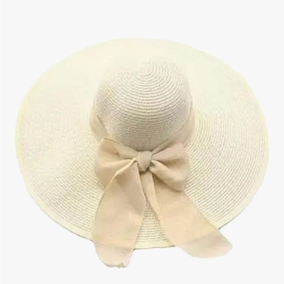 New Foldable Cream Straw Sun Hat with Bow - Picture 1 of 9
